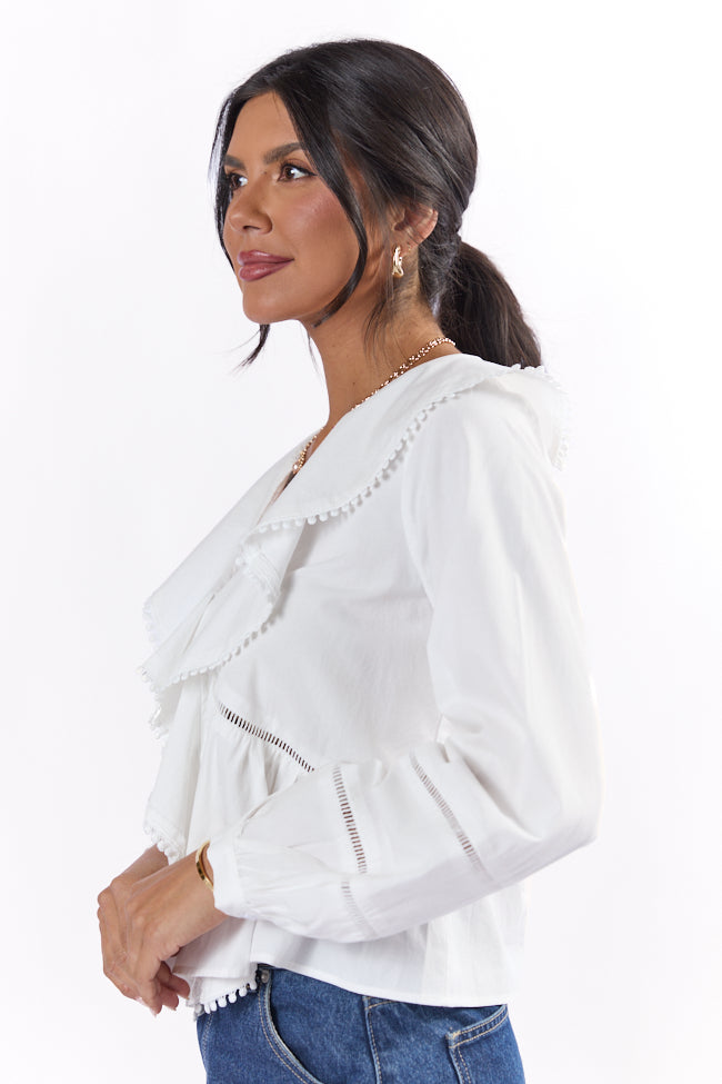 Burn The Breeze Ivory Ladder Detail Ruffle Front Blouse FINAL SALE-Sunny Prom