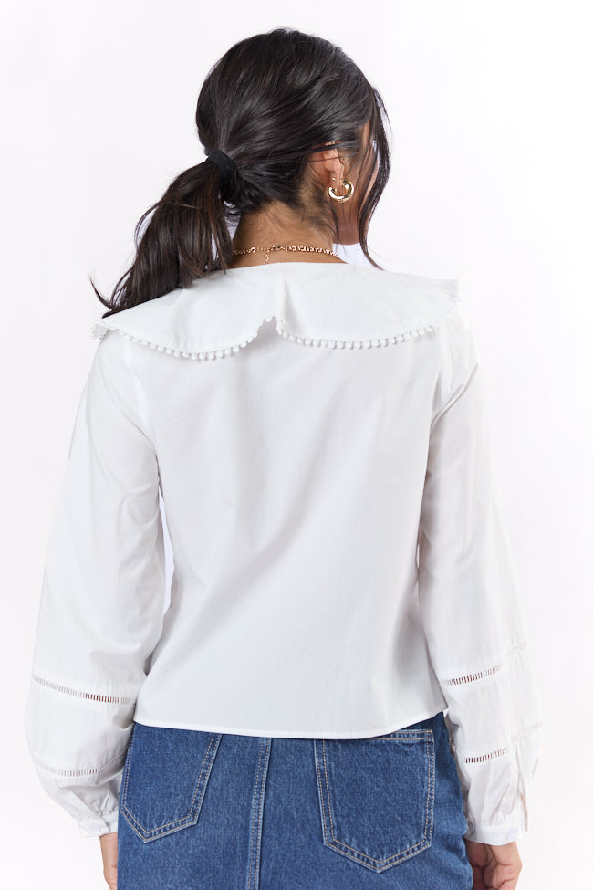 Burn The Breeze Ivory Ladder Detail Ruffle Front Blouse FINAL SALE-Sunny Prom