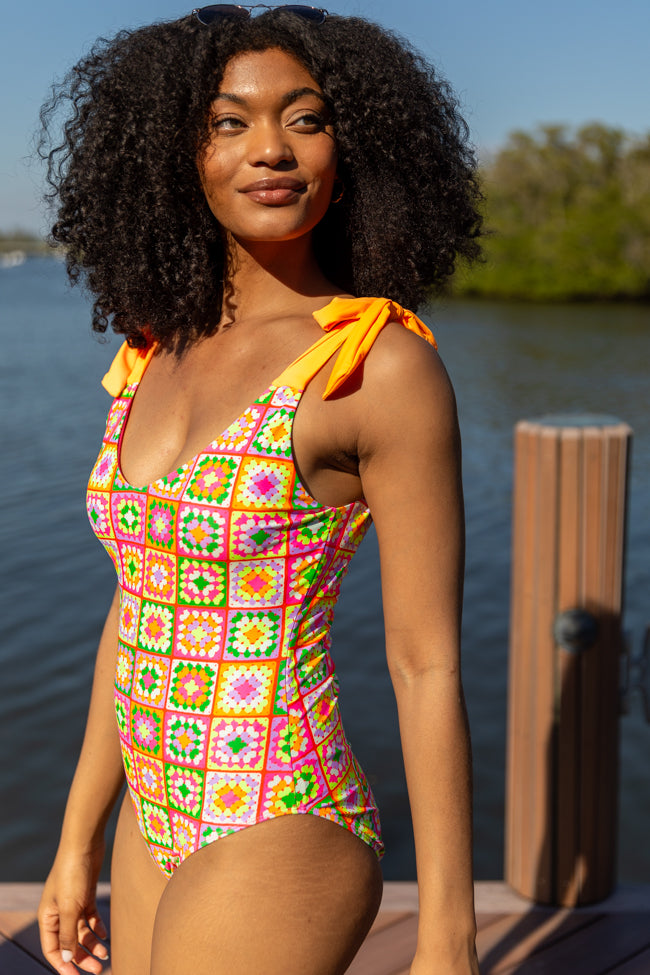 Sweet Life Multi Tie Strap Crochet Print One Piece Swimsuit FINAL SALE-Sunny Prom
