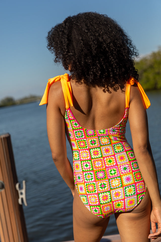 Sweet Life Multi Tie Strap Crochet Print One Piece Swimsuit FINAL SALE-Sunny Prom