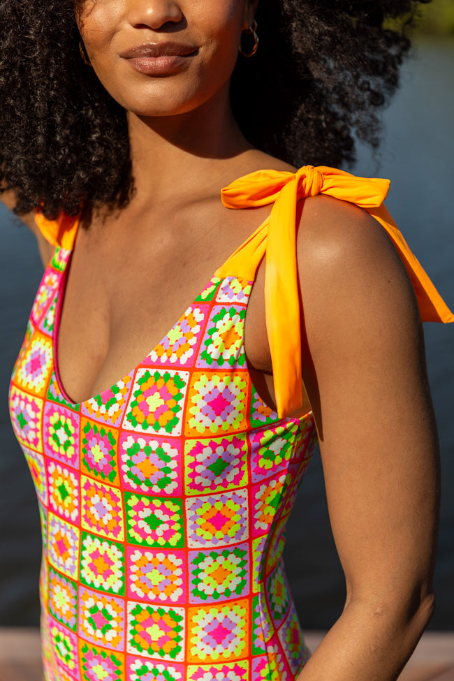 Sweet Life Multi Tie Strap Crochet Print One Piece Swimsuit FINAL SALE-Sunny Prom