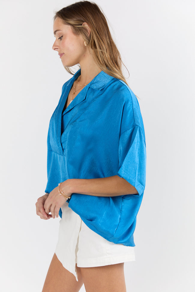 Dramatic Entrance Blue Oversized Satin Collared Blouse FINAL SALE-Sunny Prom
