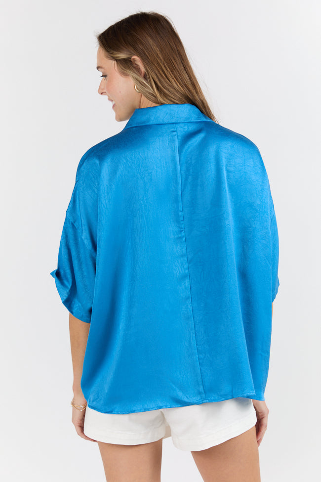 Dramatic Entrance Blue Oversized Satin Collared Blouse FINAL SALE-Sunny Prom