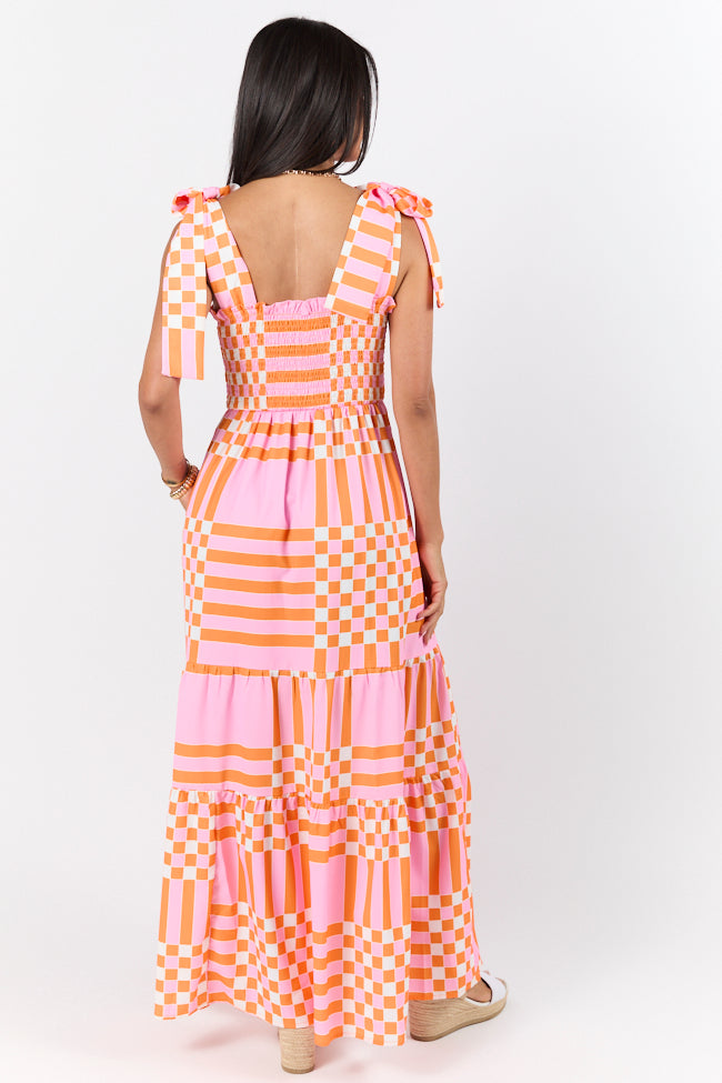 Get The Check Pink and Orange Printed Checkered Maxi Dress-Sunny Prom