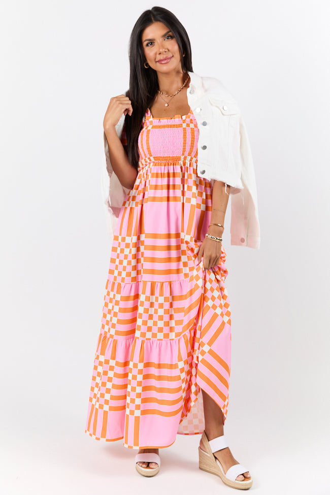 Get The Check Pink and Orange Printed Checkered Maxi Dress-Sunny Prom