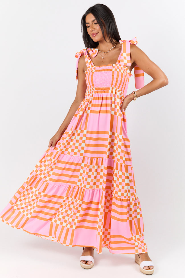 Get The Check Pink and Orange Printed Checkered Maxi Dress-Sunny Prom