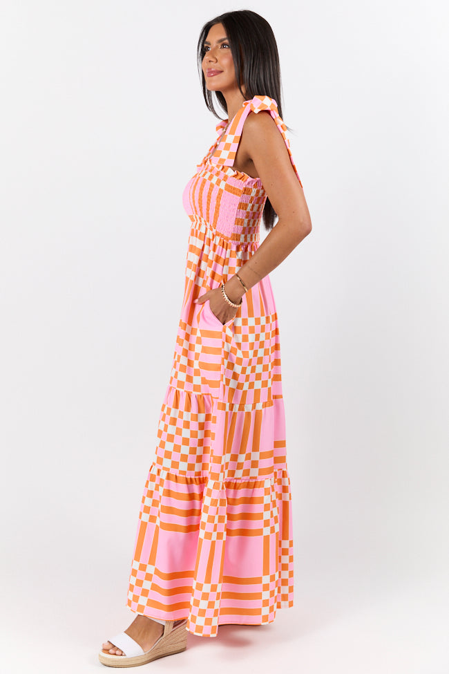 Get The Check Pink and Orange Printed Checkered Maxi Dress-Sunny Prom