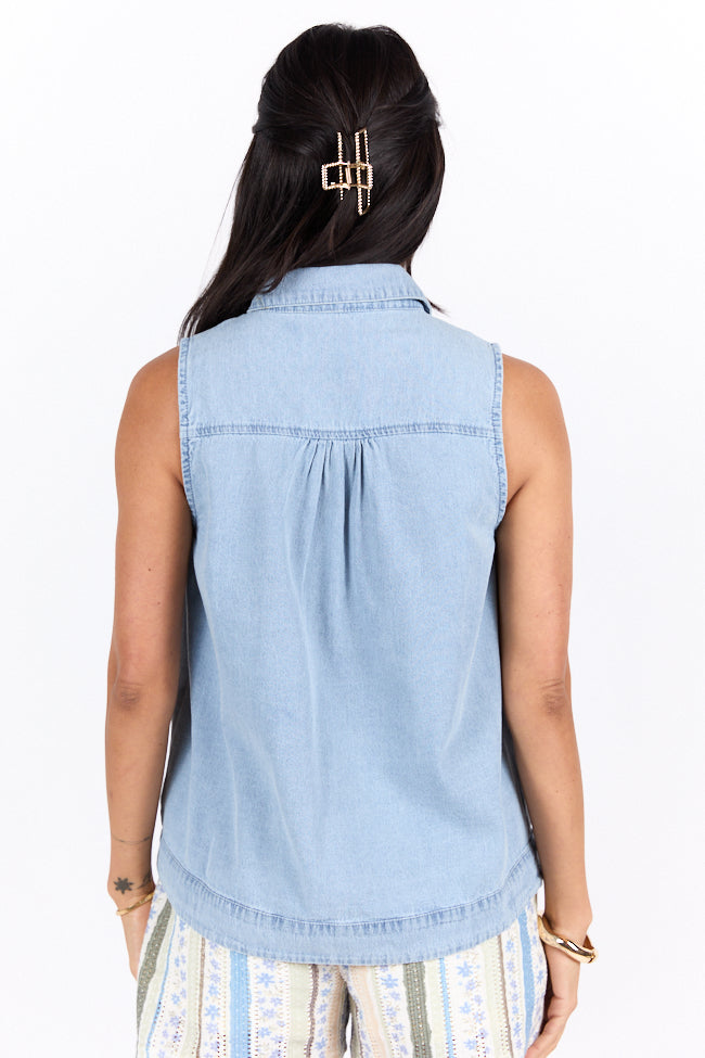 Smooth Sailing Light Wash Sleeveless Collared Chambray Tank SALE-Sunny Prom