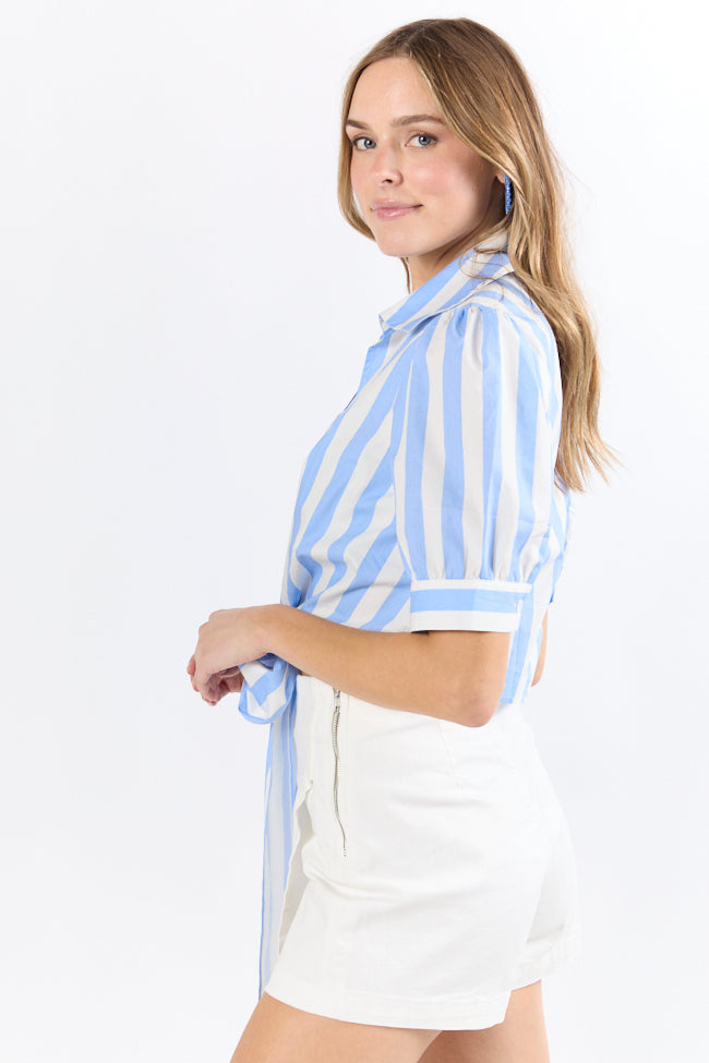 Key To Style Blue Striped Tie Front Collared Blouse-Sunny Prom