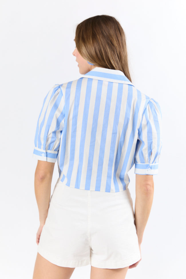 Key To Style Blue Striped Tie Front Collared Blouse-Sunny Prom