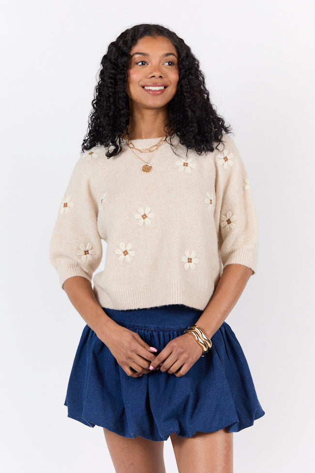 So Into You Oatmeal Short Sleeve Floral Embroidered Sweater-Sunny Prom
