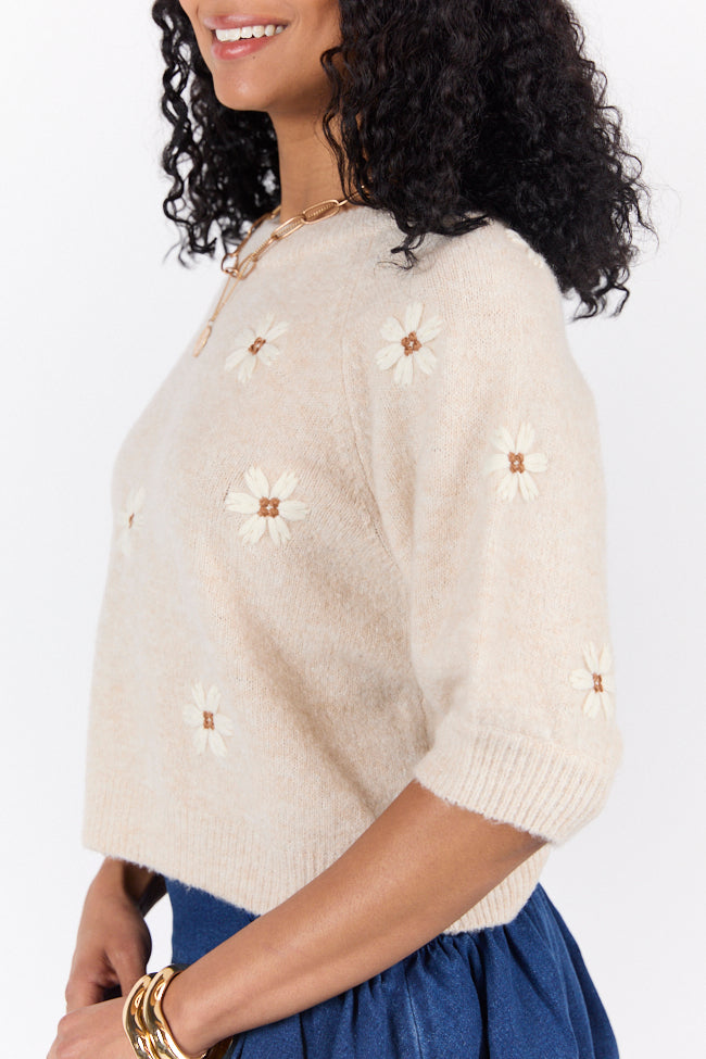 So Into You Oatmeal Short Sleeve Floral Embroidered Sweater-Sunny Prom