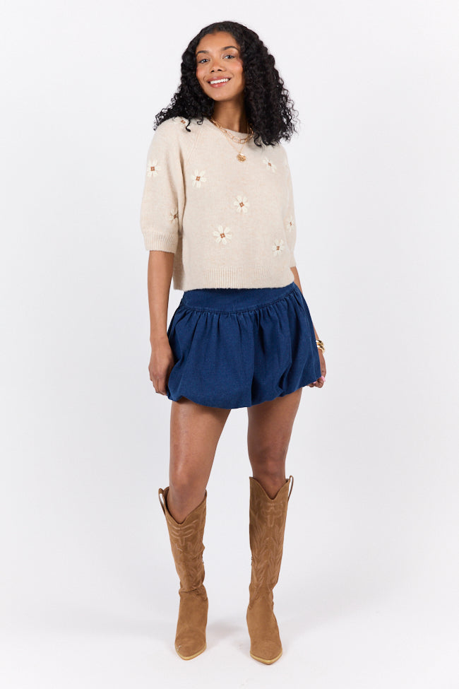 So Into You Oatmeal Short Sleeve Floral Embroidered Sweater-Sunny Prom