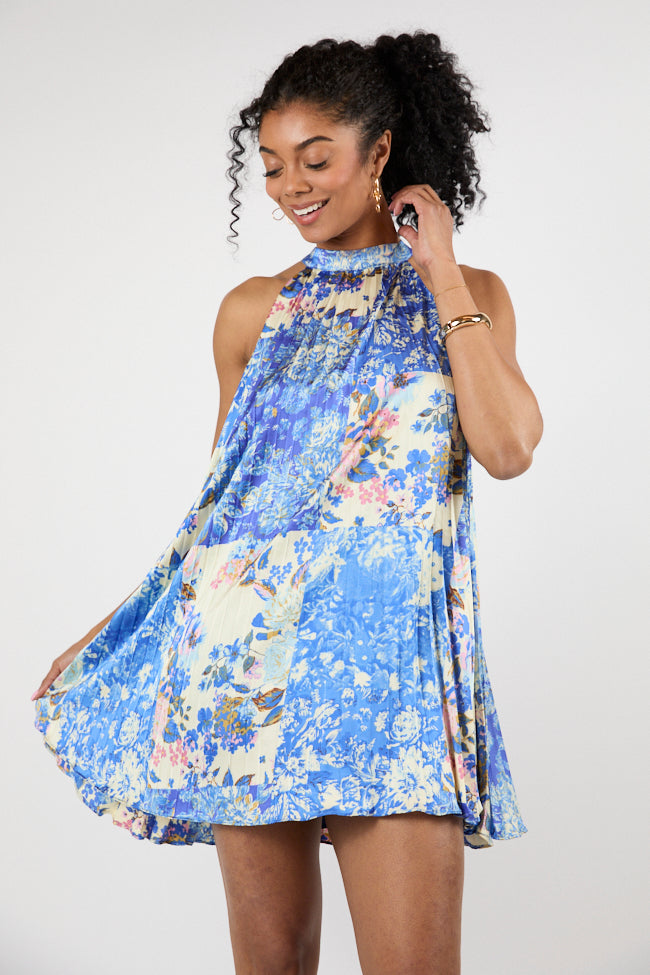Petal Perfection Blue Multi Halter Neck Printed Mini Dress FINAL SALE-Sunny Prom