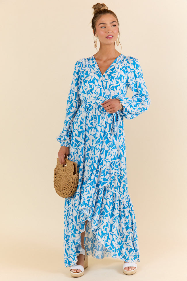 Palmetto Paradise Blue and White Long Sleeve Maxi Dress SALE-Sunny Prom