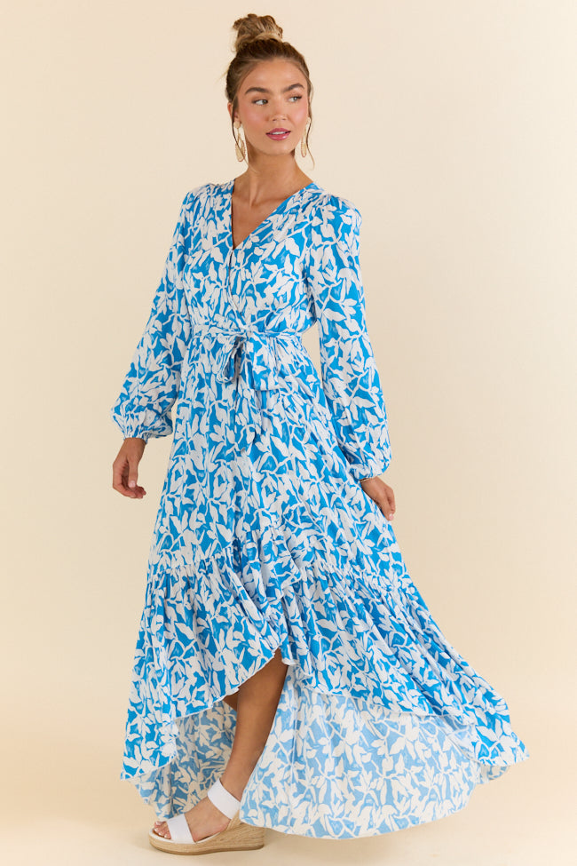 Palmetto Paradise Blue and White Long Sleeve Maxi Dress SALE-Sunny Prom