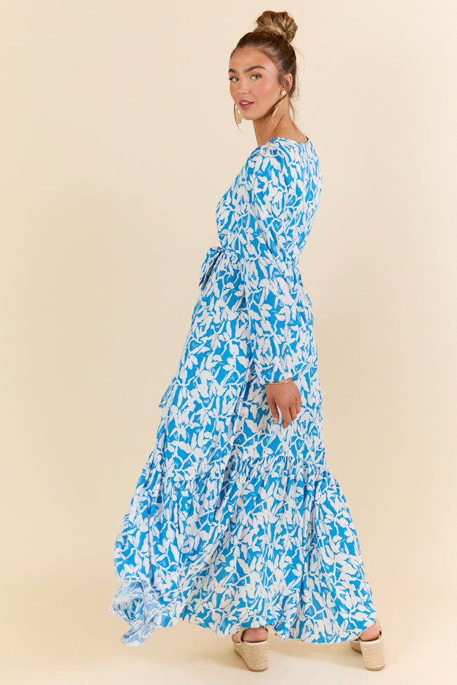 Palmetto Paradise Blue and White Long Sleeve Maxi Dress SALE-Sunny Prom