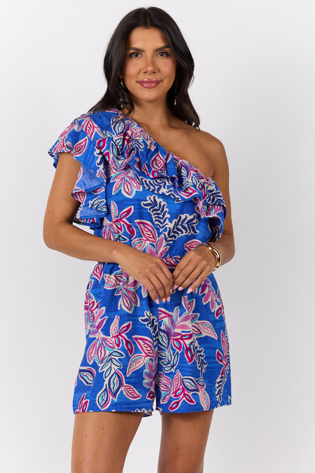 Radiating Beauty Blue Multi One Shoulder Ruffle Romper SALE-Sunny Prom