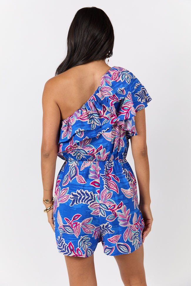 Radiating Beauty Blue Multi One Shoulder Ruffle Romper SALE-Sunny Prom
