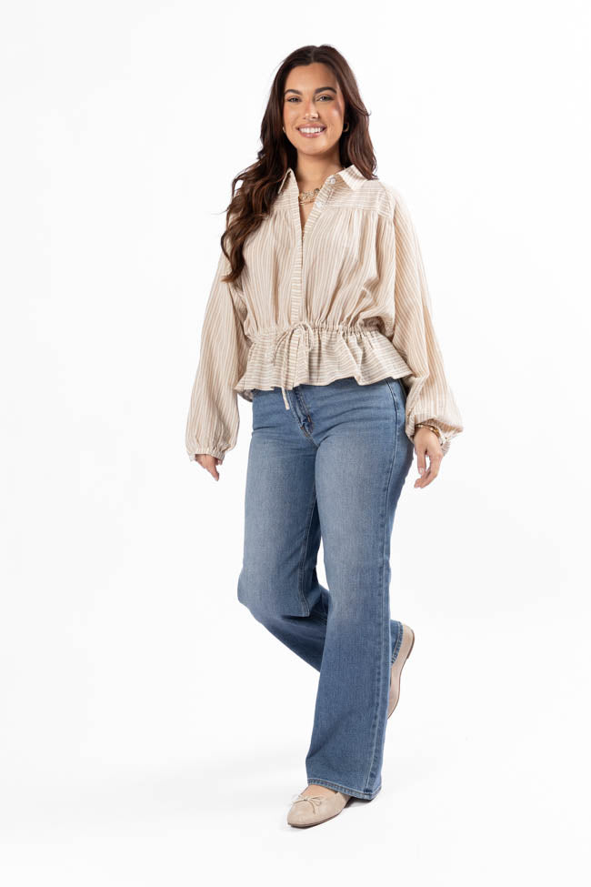 My Hands Are Tied Taupe Striped Drawstring Button Down Blouse FINAL SALE-Sunny Prom