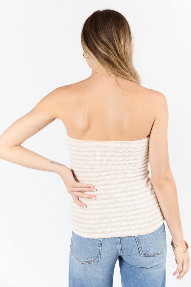 About Yesterday Taupe Textured Knit Stripe Strapless Top-Sunny Prom