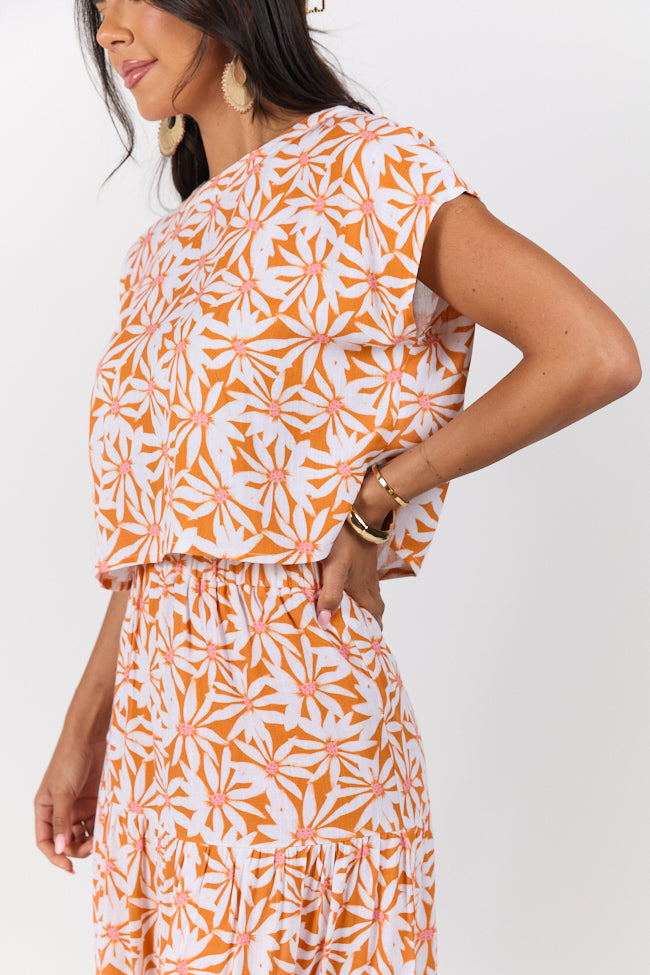 Dinner Downtown Orange Multi Floral Print Two Piece Skirt Set-Sunny Prom