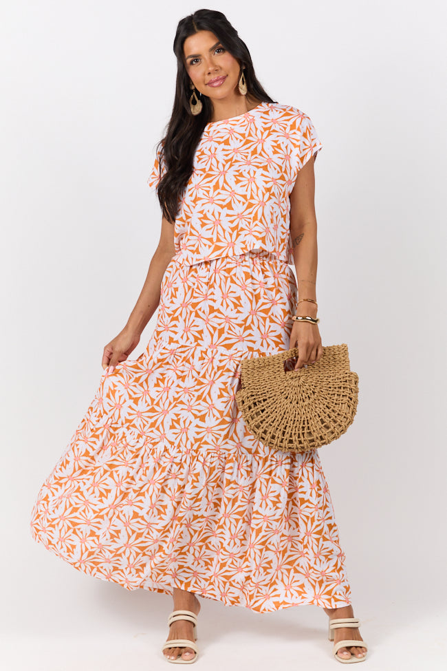 Dinner Downtown Orange Multi Floral Print Two Piece Skirt Set-Sunny Prom