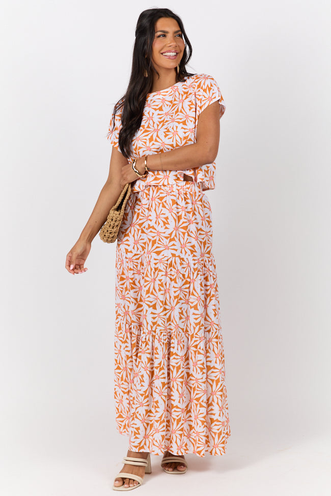 Dinner Downtown Orange Multi Floral Print Two Piece Skirt Set-Sunny Prom
