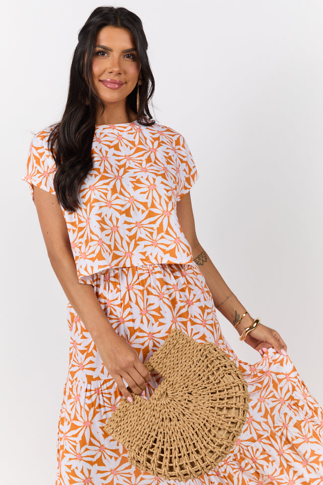 Dinner Downtown Orange Multi Floral Print Two Piece Skirt Set-Sunny Prom