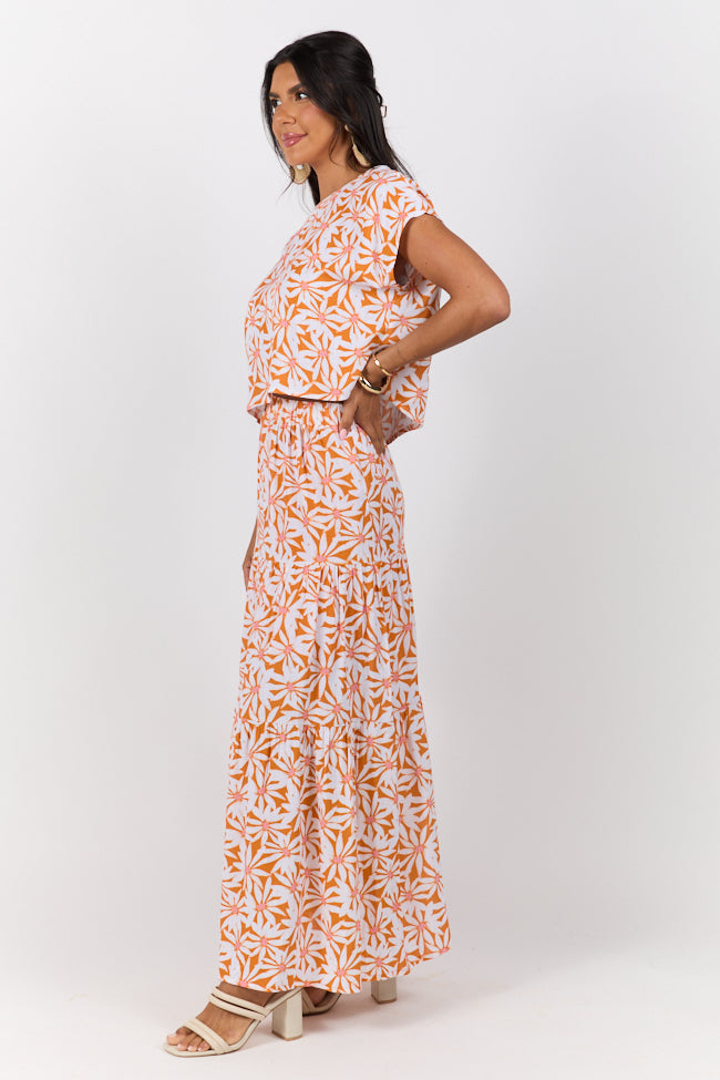 Dinner Downtown Orange Multi Floral Print Two Piece Skirt Set-Sunny Prom