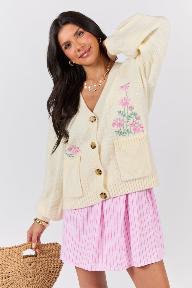 Up To Fate Cream and Pink Multi Floral Embroidered Cardigan FINAL SALE-Sunny Prom