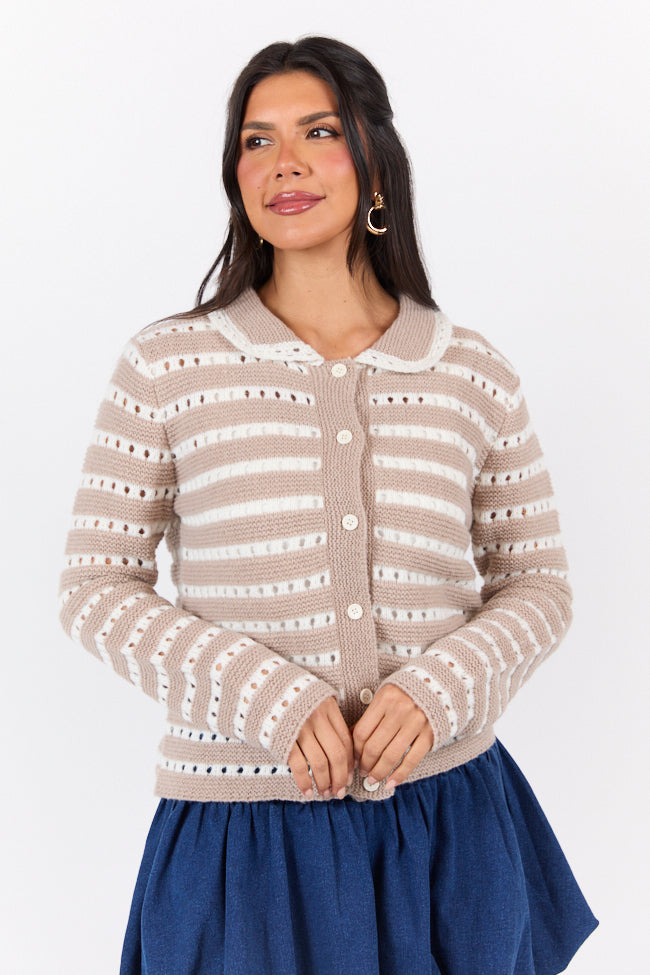 Warm Feelings Taupe Open Knit Striped Collared Cardigan SALE-Sunny Prom