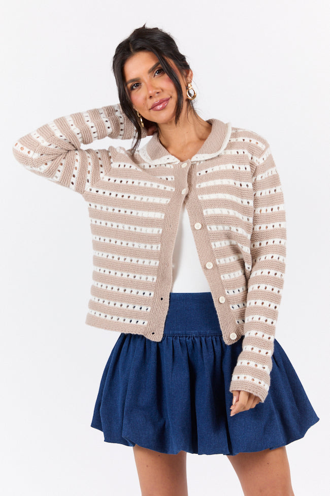 Warm Feelings Taupe Open Knit Striped Collared Cardigan SALE-Sunny Prom