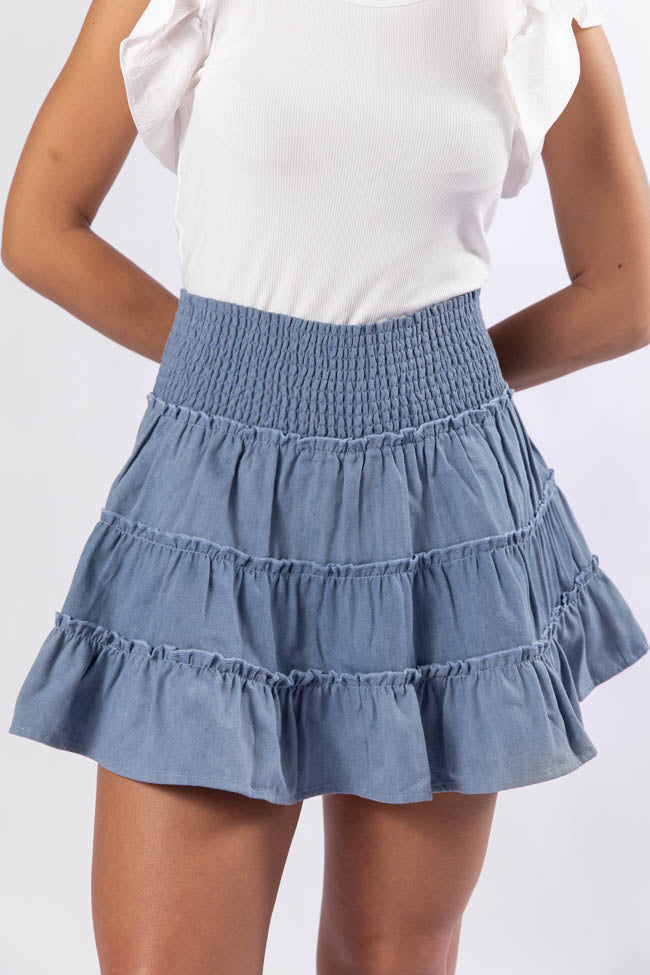 Through The Garden Medium Wash Chambray Mini Skort SALE-Sunny Prom