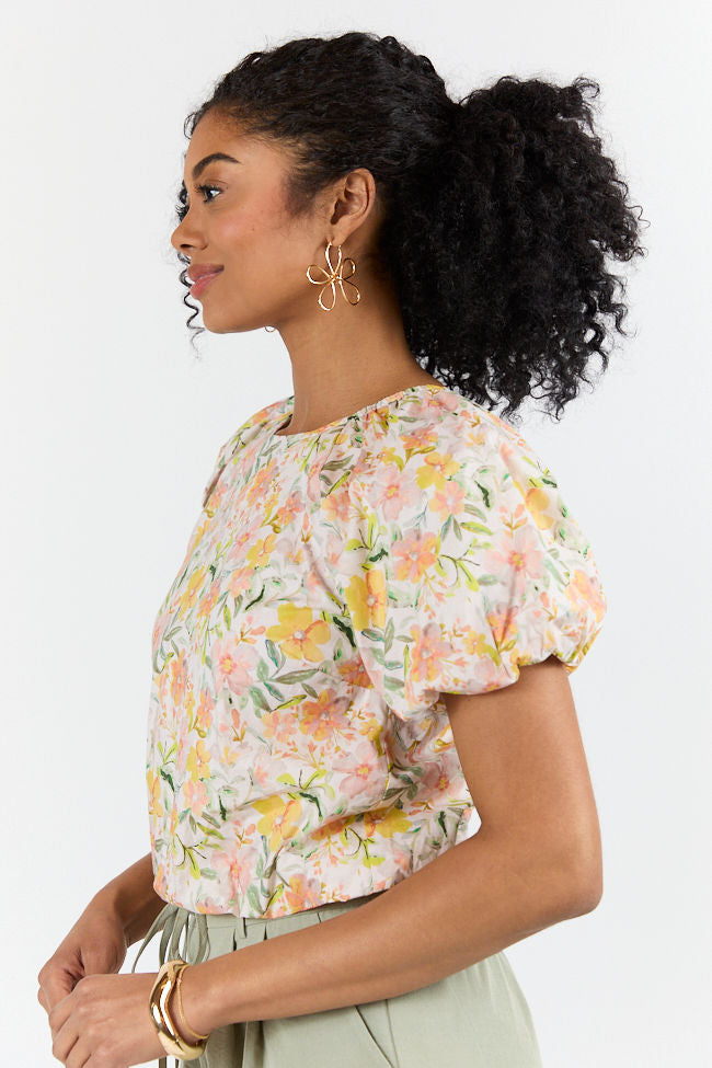 Summer Solstice Yellow Bubble Hem Woven Floral Blouse-Sunny Prom