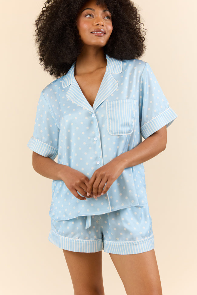 No Alarm Blue Polka Dot Satin Pajama Top-Sunny Prom
