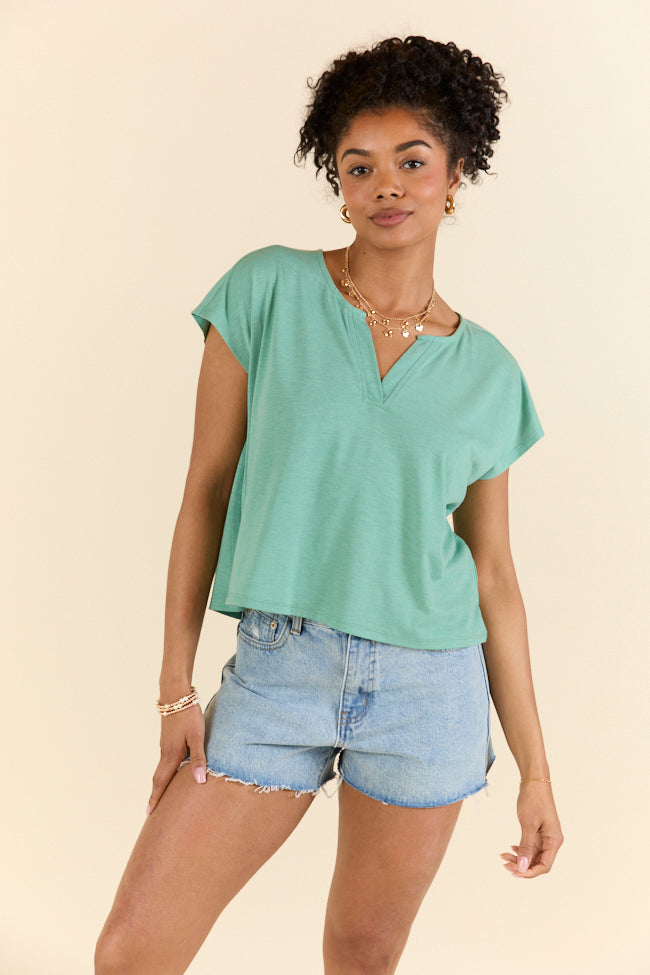 Let's Go Green Notched Neck Knit Tee-Sunny Prom