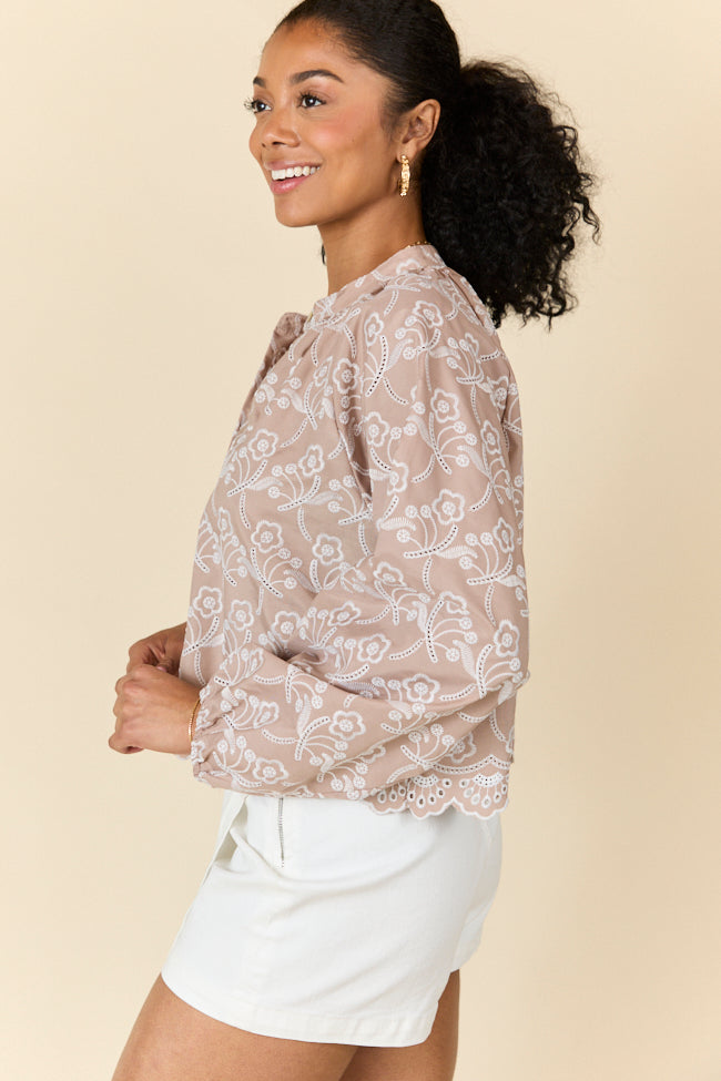 Downtown Delight Tan Embroidered Blouse FINAL SALE-Sunny Prom