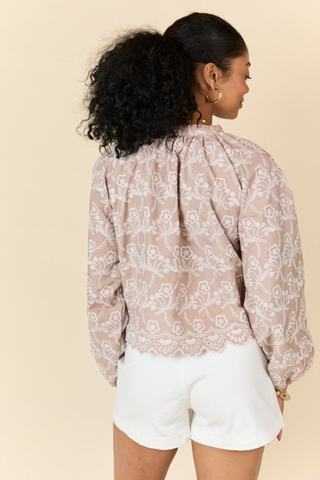 Downtown Delight Tan Embroidered Blouse FINAL SALE-Sunny Prom