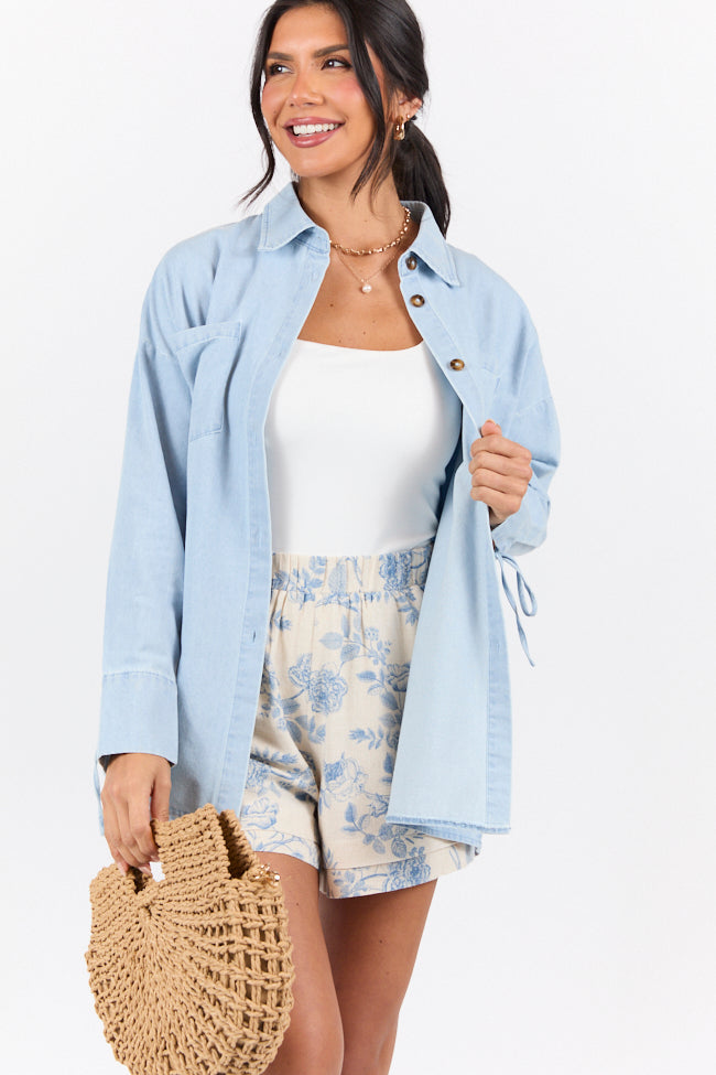 Different Plans Light Wash Chambray Button Down Blouse SALE-Sunny Prom