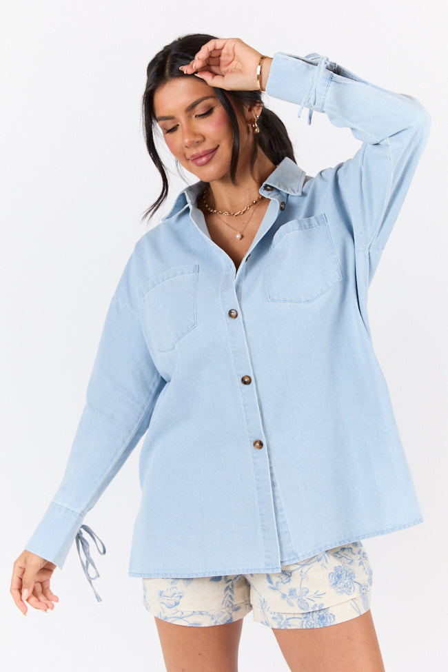 Different Plans Light Wash Chambray Button Down Blouse SALE-Sunny Prom