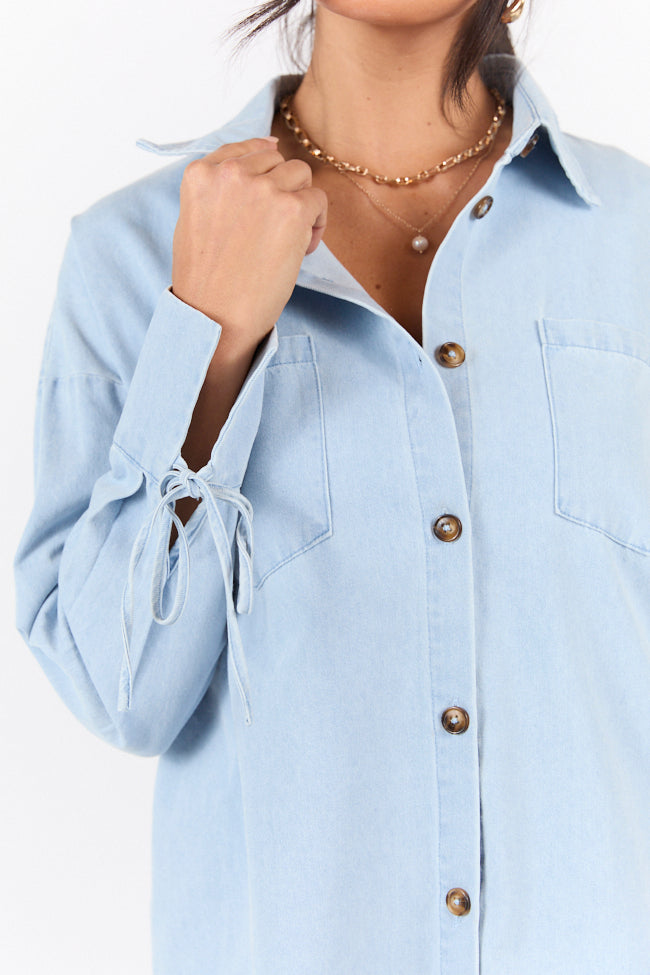 Different Plans Light Wash Chambray Button Down Blouse SALE-Sunny Prom
