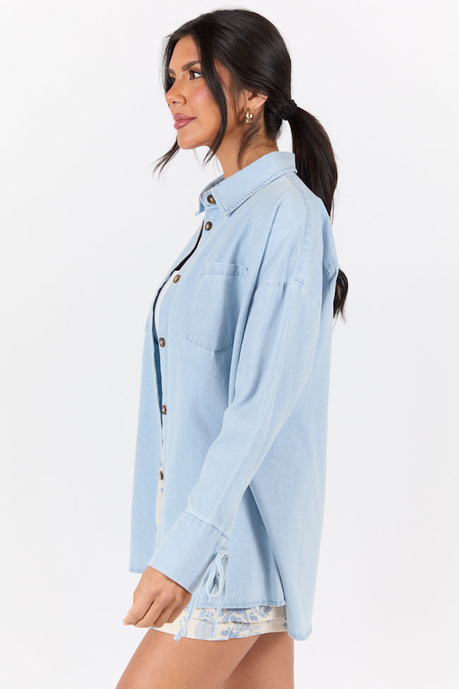Different Plans Light Wash Chambray Button Down Blouse SALE-Sunny Prom