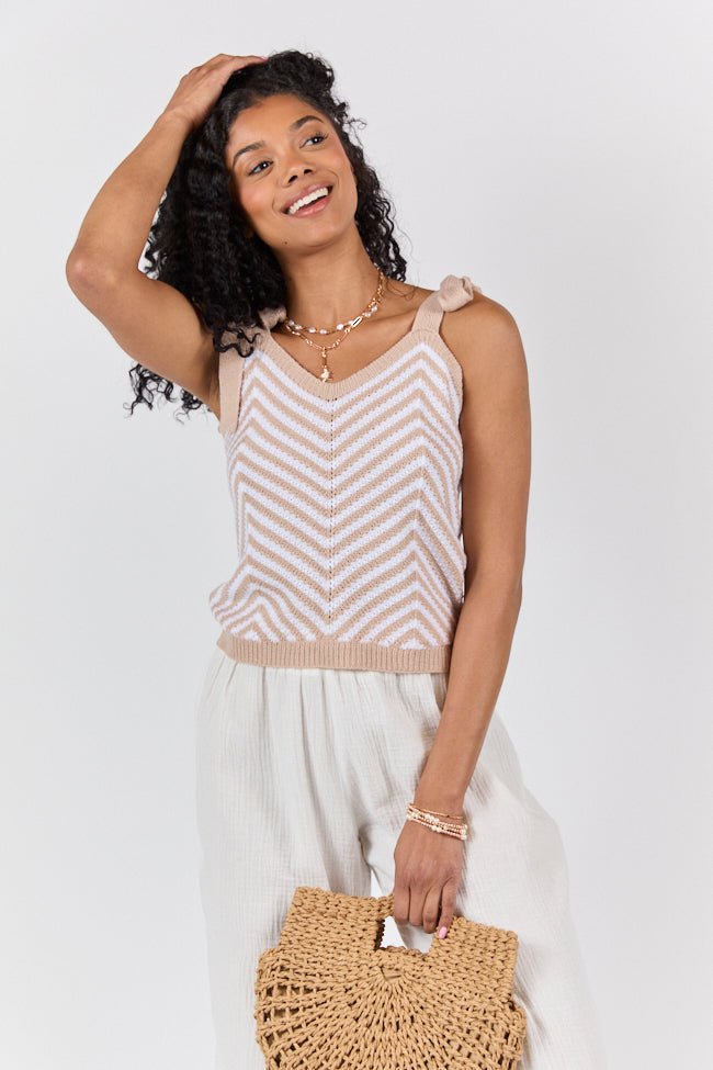 Chevron Smiles Beige and Ivory Tie Sleeve Sweater Tank SALE-Sunny Prom
