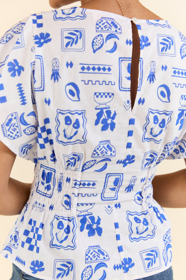 Missed You Blue Icon Printed Cinched Waist Woven Blouse FINAL SALE-Sunny Prom