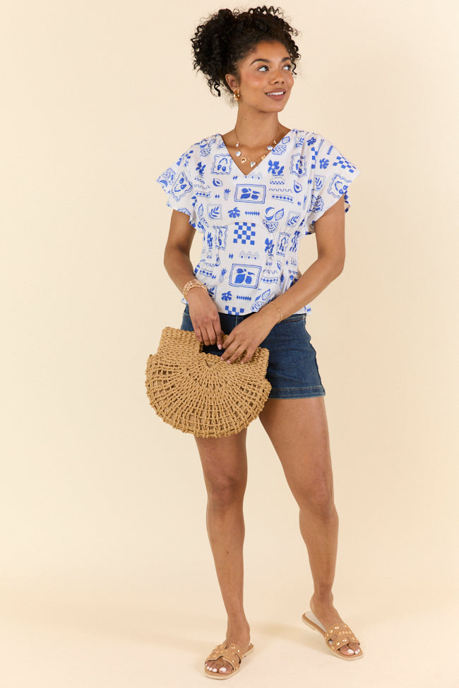 Missed You Blue Icon Printed Cinched Waist Woven Blouse FINAL SALE-Sunny Prom