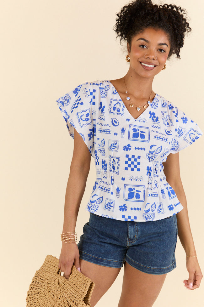 Missed You Blue Icon Printed Cinched Waist Woven Blouse FINAL SALE-Sunny Prom