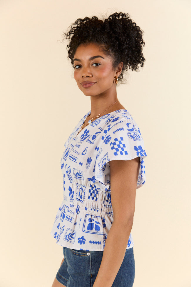 Missed You Blue Icon Printed Cinched Waist Woven Blouse FINAL SALE-Sunny Prom