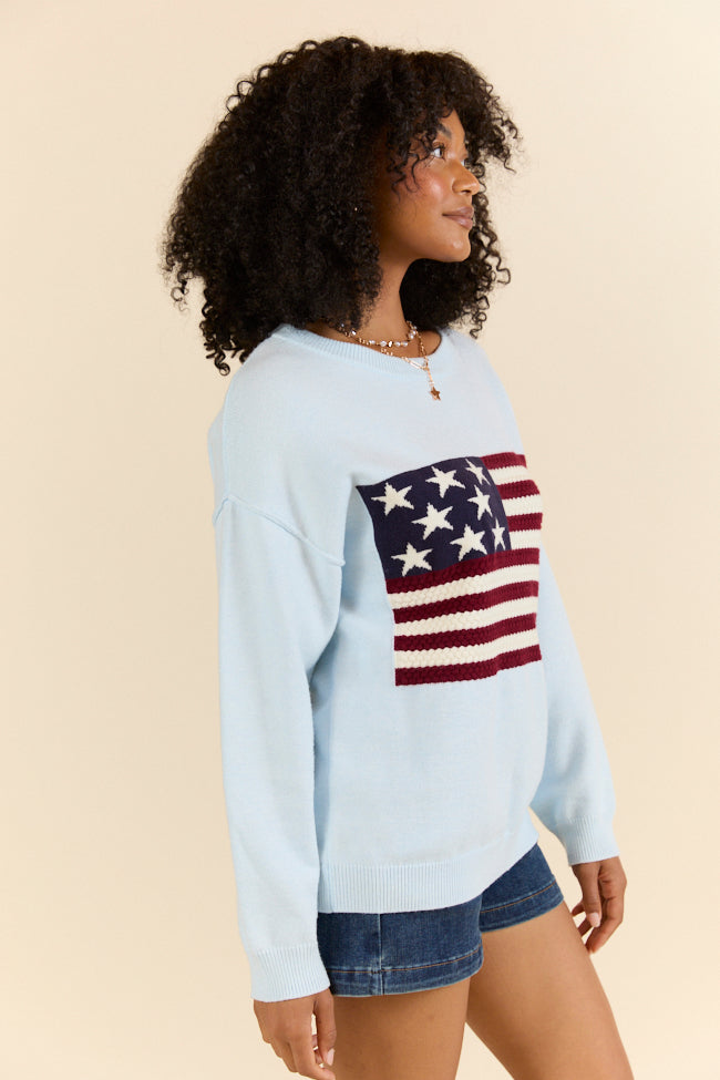 Home Of The Free Light Blue Textured Flag Sweater FINAL SALE-Sunny Prom