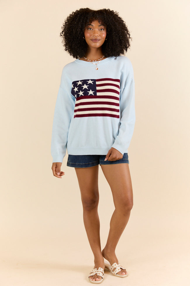 Home Of The Free Light Blue Textured Flag Sweater FINAL SALE-Sunny Prom